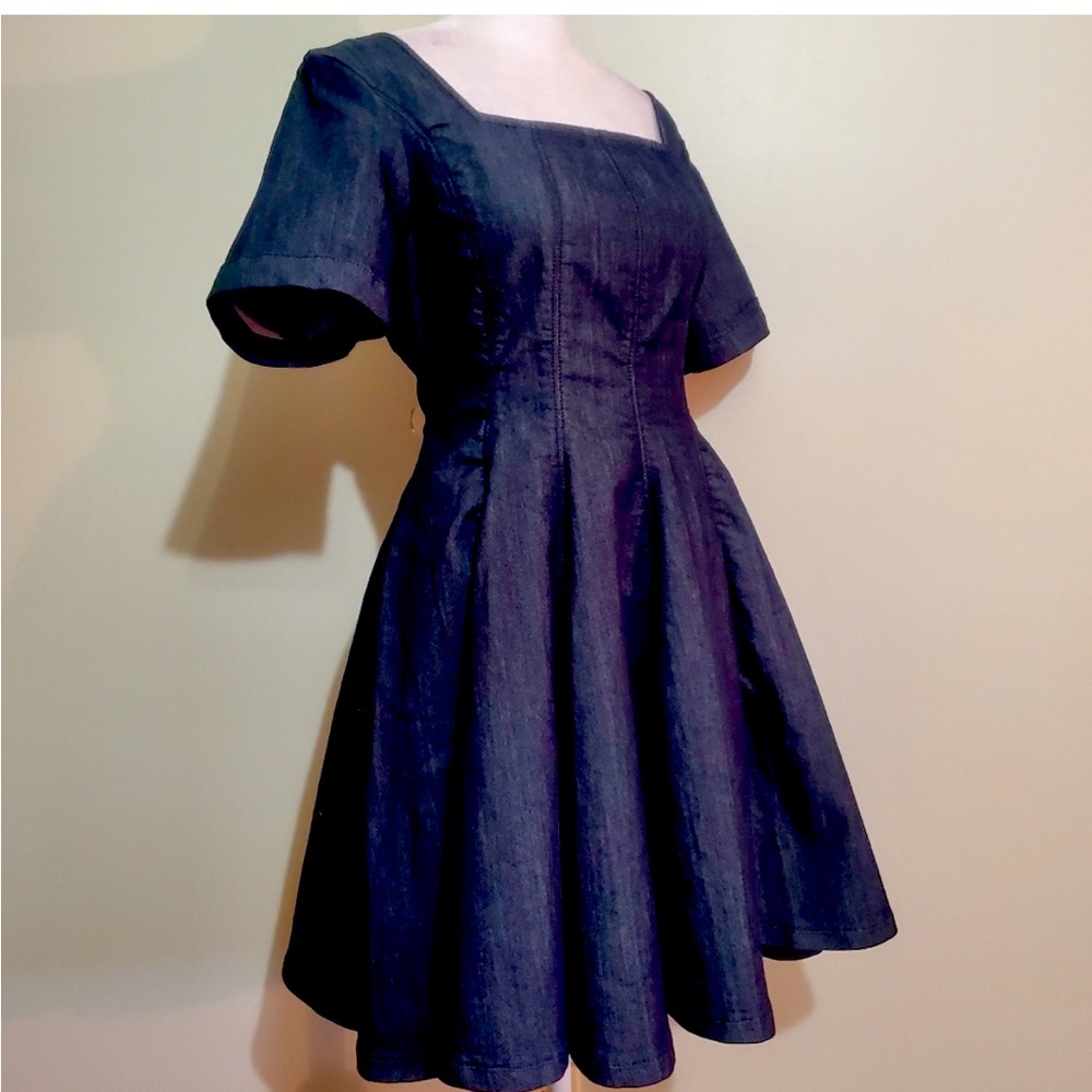 Anthropologie Short-Sleeve Square-Neck Denim fit & flare mini Dress XS NWT - Picture 7 of 16